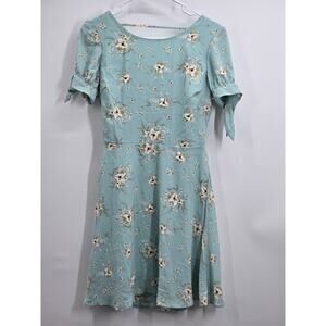 Lumiere Womens Blue Floral Round Neck Open Back Overlay Fit & Flare Dress Size S